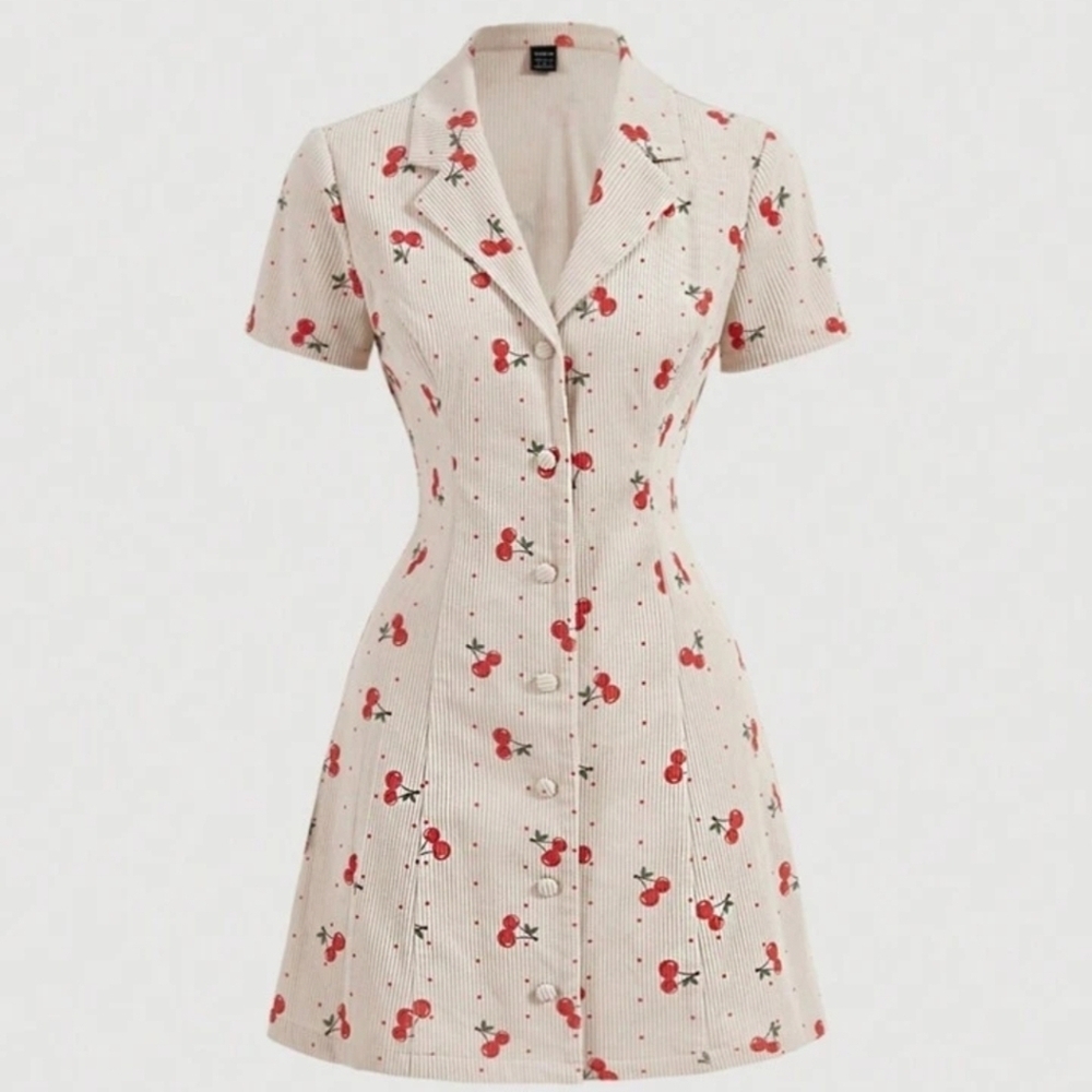 Cherry Mini Dress Size M Cottagecore Coquette Button Front Collared A-Line